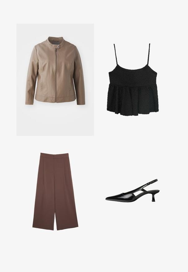 Giacca in ecopelle marrone con colletto, chiusura frontale a zip e tasche laterali; presenta una texture liscia e una silhouette aderente.; Top peplum nero con sottili spalline regolabili. Tessuto strutturato e arricciato, corpino aderente, sezione inferiore svasata, senza hardware o motivi visibili.; Pantaloni ampi marroni con una texture liscia, caratterizzati da una vita alta e pieghe frontali. Il tessuto è leggero e scorre liberamente.; Tacchi slingback in pelle verniciata nera con punta affusolata, design con tagli laterali e tacco quadrato piccolo. Texture liscia con dettagli minimi.