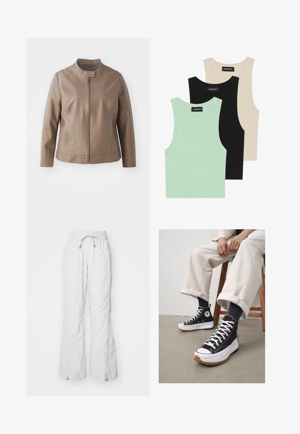 Brązowa kurtka z imitacji skóry z kołnierzem, zapięciem na zamek z przodu i kieszeniami po bokach; charakteryzuje się gładką teksturą i dopasowanym krojem.; Trzy topy na ramiączkach w kolorze miętowym, czarnym i beżowym; wykonane z prążkowanej tkaniny, z okrągłym dekoltem i bez rękawów. Widać metkę marki.; Jasnoszare spodnie cargo wykonane z teksturowanej tkaniny, z elastycznym paskiem w talii z trokiem, bocznymi kieszeniami oraz zamkami błyskawicznymi przy kostkach.; Czarne sneakersy typu high-top z białymi sznurówkami i gumowym noskiem. Gruba biała podeszwa z teksturowaną brązową podeszwą zewnętrzną, noszone z pasiastymi skarpetami w kolorze granatowym.