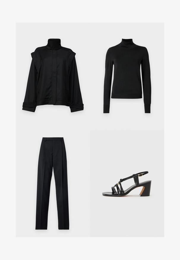 Melna jaka ar augstu apkakli, platām piedurknēm un divām sānu kabatām; izgatavota no gludas auduma, ar pogām aizpogāmām piedurknēm un minimālistisku dizainu.; Melnas garām piedurknēm turtlenecks džemperis ar ribotām aprocēm un apakšmali, attēlots uz vienkārša balta fona.; Melnas bikses, izgatavotas no gludas auduma, ar augstu vidukli, platiem bikšu galdniekiem, priekšējiem krokām un klasiskām jostu cilpām. Sānu kabatas nav redzamas.; Paul Smith AMIRA - Klasiski papēži - black