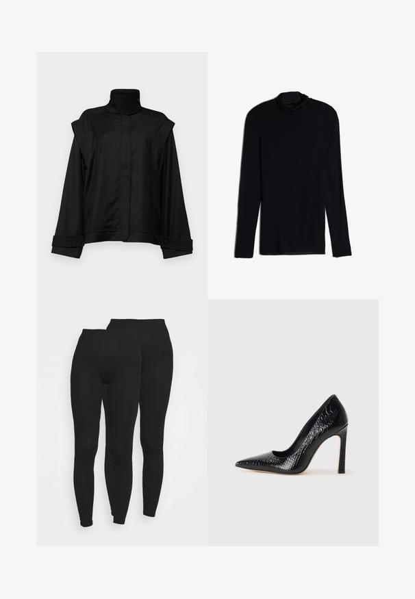 Sort jakke med høj krave, brede ærmer og to sidelommer; lavet af glat stof, med knaplukning ved ærmerne og et minimalistisk design.; Sort langærmet top med en cowl-hals, lavet af et blødt, glat stof; tætsiddende design med lige kant og uden synlige sømme.; Sorte leggings med elastisk talje, lavet af en glat, strækbar stof. Har et tætsiddende design, der smalner ind ved anklerne.; Sorte spidse tå stiletto-sko i krokodilleskind med et strømlinet design, høj hæl og glat sort inderside.