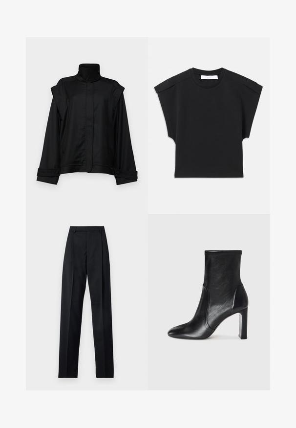 Crna jakna s visokim ovratnikom, širokim rukavima i dva bočna džepa; izrađena od glatkog materijala, s dugmadima na manžetama i minimalističkim dizajnom.; Crna majica s kratkim rukavima i okruglim izrezom, s detaljima na ramenima, položena ravno na bijeloj pozadini.; Crne hlače od glatkog materijala s visokim strukom, širokim nogavicama, prednjim pregibima i klasičnim petljama za remen. Nema vidljivih bočnih džepova.; Crna kožna čizme do gležnja s elegantnim dizajnom, šiljastim prstom i visokim blok-hilom. Ima glatku teksturu i minimalističke detalje šivanja.