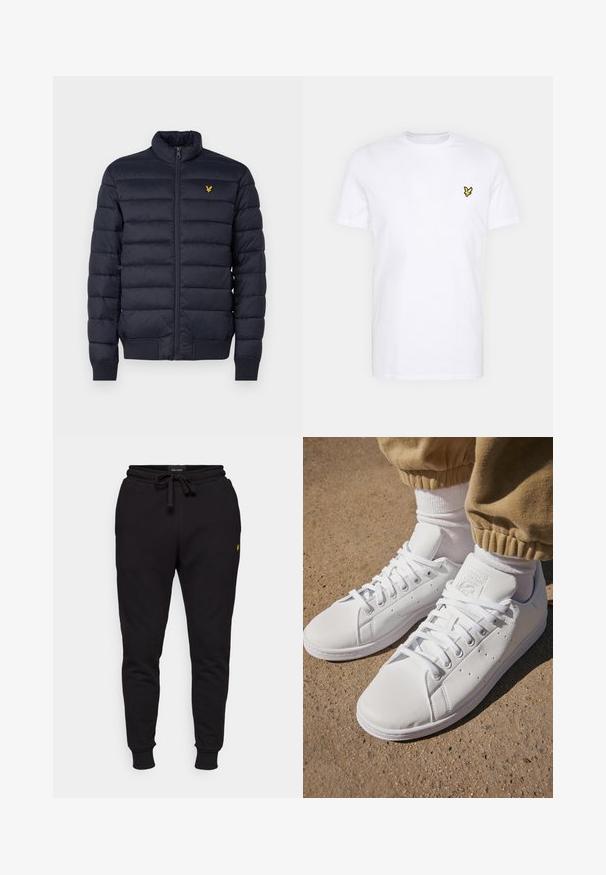 Marineblauer Puffer-Jacke mit hohem Kragen, horizontal gestepptem Muster, Reißverschluss vorne und gerippten cuffs. Enthält ein kleines goldenes Logo auf der Brust.; Weißes Baumwoll-T-Shirt mit einem kleinen schwarzen und gelben gestickten Logo auf der linken Brust. Kurze Ärmel und ein Rundhalsausschnitt.; Schwarze Baumwoll-Jogginghosen mit elastischem Bund, Kordelzug und gerippten Bündchen. Mit einem kleinen gelben Logo auf dem linken Oberschenkel.; Weiße Leder-Sneaker mit einer glatten Oberfläche, klassischem Schnürdesign, Perforationen für Atmungsaktivität und einer strukturierten Gummisohle.