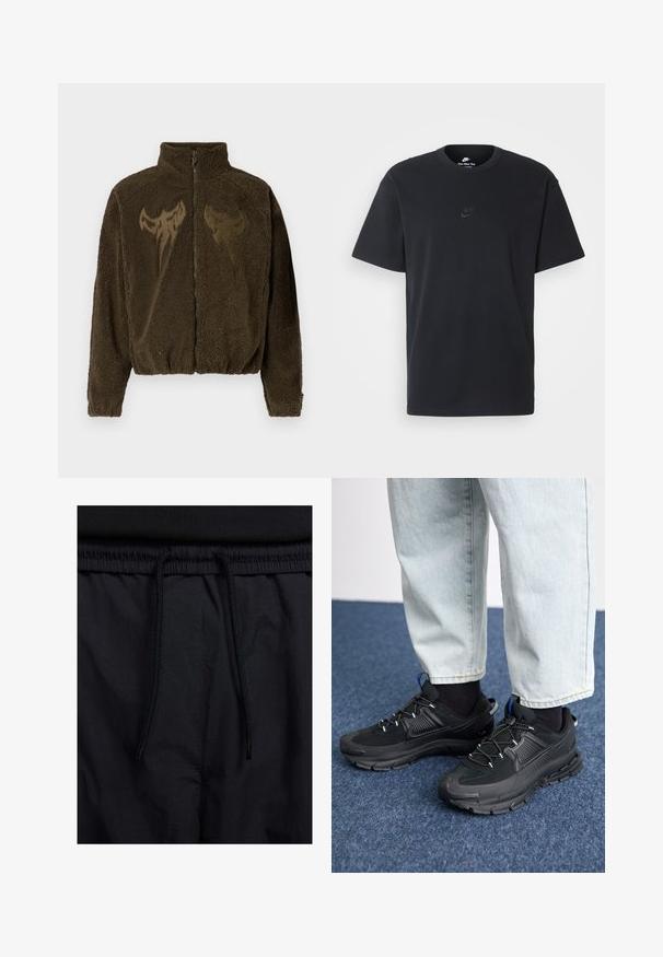 Jaqueta de polar verde-oliva, cropped, com gola alta, fecho de correr e um design em destaque em forma de morcego na parte da frente, numa tonalidade mais escura.; T-shirt de algodão preto da Nike com um clássico decote redondo, mangas curtas e um logótipo em relevo discreto no peito. Textura suave.; Calções pretos com um cós elástico ajustável, fabricados em tecido leve com uma textura suave e um design simples, sem logótipos ou padrões visíveis.; Sapatilhas desportivas pretas com tecido texturizado e solas em borracha, apresentando atacadores elásticos e um detalhe azul no calcanhar. Usadas com calças de ganga claras.
