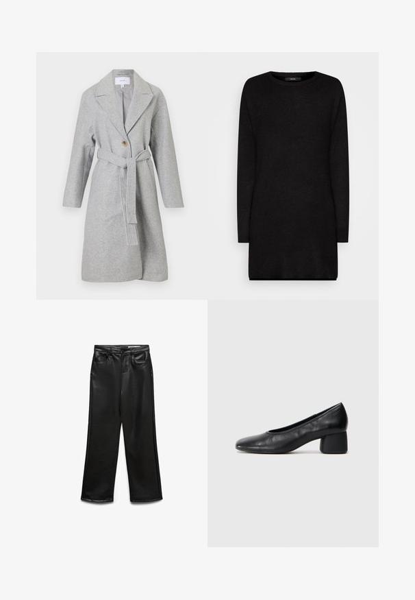 Lang grå ullfrakk med brede revers, en enkelt knapp og et belte i matchende stoff knyttet i midjen.; Svart strikkegenser med lange ermer, rund halslinning og løst snitt, med en myk tekstur og ribbede kanter for ekstra detaljer.; Sorte videbukser i kunstlær med frontlommer, beltehemper og subtil glans. Jevn tekstur og skreddersydd passform.; Sorte lærpumps med rund tå og mellomstor blokkhæl. Glatt tekstur med minimalt med detaljer, og har en subtil elastisk åpning.