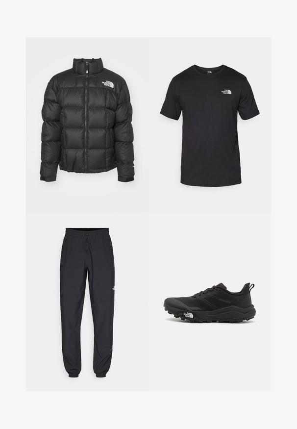 Svart puffjacka med hög krage och dragkedjeslutning. Har quiltade detaljer och elastiska ärmslut. Logotyp tryckt på vänster axel.; Svart t-shirt med kort ärm gjord av bomull, med rund halsringning och en liten vit logotyp på övre vänstra bröstområdet.; Svarta träningsbyxor tillverkade av lättviktsmaterial, med dragsko i midjan, sidofickor och avsmalnande muddar vid anklarna.; Svart terränglöparsko med en strukturerad ovandel, gummisula och förstärkt tåhätta. Har en vadderad krage och en dragflik för enkel påtagning.