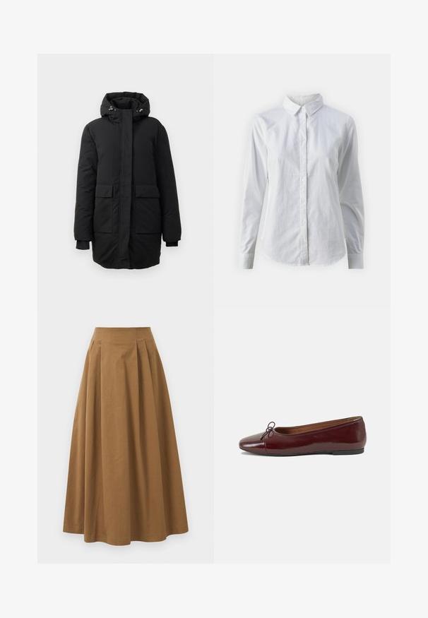 Μαύρο φουσκωτό παλτό με κουκούλα, διαθέτοντας μπροστινή φερμουάρ, δύο εφαρμόζοντες τσέπες και ριμπ μανσέτες. Λείο ύφασμα, σχεδίαση μέχρι το γόνατο.; Λευκή πουκαμίσα με κουμπιά, φτιαγμένη από λείο βαμβάκι, με κλασικό γιακά, μακριά μανίκια και καμπυλωτό στρίφωμα. Τα κουμπιά είναι μικρά και λευκά.; Καφέ βαμβακερή φούστα Α-γραμμής με ψηλή μέση, που διαθέτει πτυχές μπροστά και λεία υφή. Οι τελειώματα στο στρίφωμα είναι καθαρά και απλά.; Μπορντό παρθένα δερμάτινα μπαλαρίνες με στρογγυλή μύτη, μικρή διακόσμηση φιόγκου στο μπροστινό μέρος και χαμηλή, μαύρη καουτσούκ σόλα. Λείος υφής.