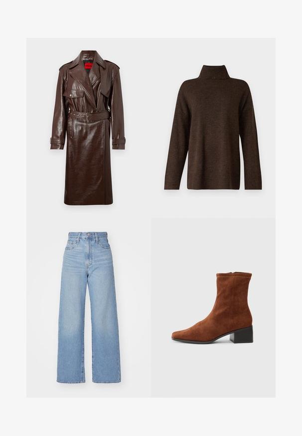 Brązowy płaszcz trench z faux skórki z paskiem w talii, dużymi klapami i przednimi kieszeniami. Posiada błyszczącą, teksturowaną powierzchnię i mankiety na guziki.; Brązowy sweter dzianinowy z wysokim prążkowanym kołnierzem, szerokimi rękawami i miękką teksturą. Oferuje luźny krój oraz prążkowane akcenty na rękawach.; Jasnoniebieskie jeansy z wysokim stanem i szerokimi nogawkami, z zapięciem na guziki i zamek z przodu, przednie i tylne kieszenie, na białym tle.; Brązowy zamszowy botek za kostkę z kwadratowym noskiem i niskim blokowym obcasem, z zamkiem błyskawicznym po boku, pokazany w profilu na białym tle.
