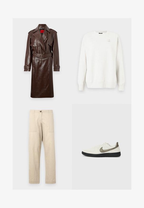 Brown faux leather trench coat with a belted waist, large lapels, and front pockets. Features a shiny, textured surface and button cuffs.; Light gray sweatshirt with a crew neck, ribbed cuffs, and hem. Features a small logo patch on the chest. Soft, textured fabric.; Beige cotton trousers with a straight cut, featuring front pockets, a button closure, and cuffed hems. Smooth texture and minimal design.; Nike Sportswear FIELD GENERAL - Trainers - off-white/black