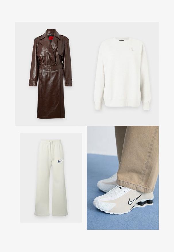 Brown faux leather trench coat with a belted waist, large lapels, and front pockets. Features a shiny, textured surface and button cuffs.; Light gray sweatshirt with a crew neck, ribbed cuffs, and hem. Features a small logo patch on the chest. Soft, textured fabric.; Cream-colored sweatpants made of cotton blend, featuring a relaxed fit, elastic waistband with drawstring, and a navy Nike logo on the front.; White and beige Nike sneakers with perforated design, black swoosh logo, textured upper, and distinctive springy black heel.
