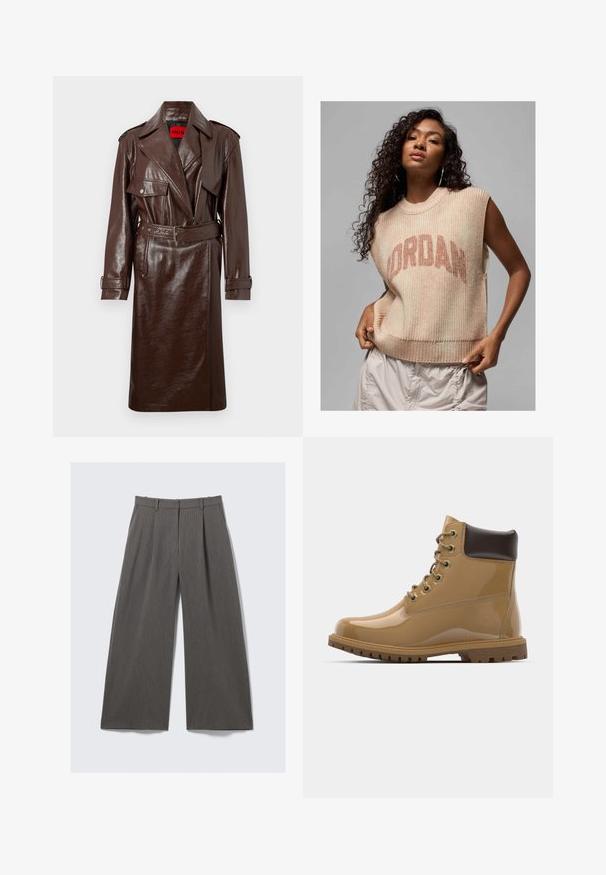 Bruine nep leren trenchcoat met een ceintuur in de taille, grote revers en frontzakken. Heeft een glanzend, gestructureerd oppervlak en knopen op de manchet.; Lichtbeige mouwloze trui met ribbeltextuur, met een opvallend "JORDAN" logo in donkerbeige. Casual ontwerp met een relaxed pasvorm.; Witte blouse met lange mouwen van zachte katoen, met een klassieke kraag, knoopsluiting aan de voorkant en een subtiele logodetail op de linkerkant van de borst.; Grijze pinstriped wijde broek met riemlussen en plooien, plat geëxposeerd tegen een witte achtergrond.; Tan patenten leren enkelboots met bruine accenten, ronde neus, zes metalen oogjes, bruine veters en een gestructureerde rubberen zool.