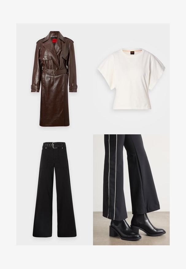 Rudas dirbtinės odos paltas su diržu, didelėmis atvartais ir priekinėmis kišenėmis. Ypatybė yra blizgus, tekstūruotas paviršius ir mygtukų rankovės.; Baltas trumpas marškinėliai, plačios trumpomis rankovėmis, minkšta medvilnė, apvali kaklo iškirptė su subtiliu oranžiniu apvadu, minimalus dizainas, be raštų ar grafikų.; Juodos plačios kojų kelnės, pagamintos iš medvilnės, su aukšta liemene, didelėmis šoninėmis kišenėmis ir diržu, papuoštu sidabriniais akcentais.; Juodi odiniai auliniai batai su plataus bloko kulnu, turintys elastines šonines dalis. Sukomplektuoti su juodomis kelnėmis, turinčiomis baltą šoninės juostą.