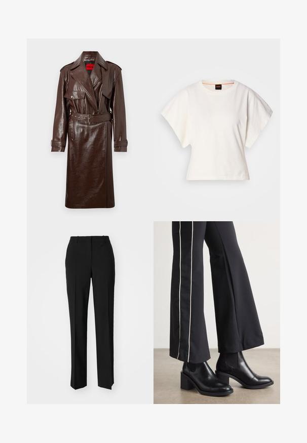 Brauner Kunstleder-Trenchcoat mit tailliertem Gürtel, großen Revers und Fronttaschen. Er verfügt über eine glänzende, texturierte Oberfläche und Knopfmanschetten.; Weißes, kurzes T-Shirt, kurze weite Ärmel, weicher Baumwollstoff, runder Ausschnitt mit subtilen orangefarbenen Akzenten, minimales Design, keine Muster oder Grafiken.; Schwarze, taillierte Hose mit geradem Bein, aus einem glatten Stoff und mit klaren Falten an der Vorderseite. Keine sichtbare Hardware.; Schwarze Lederstiefeletten mit einem Blockabsatz, ausgestattet mit elastischen seitlichen Einsätzen. Kombiniert mit schwarzen Hosen, die einen weißen Seitenstreifen haben.