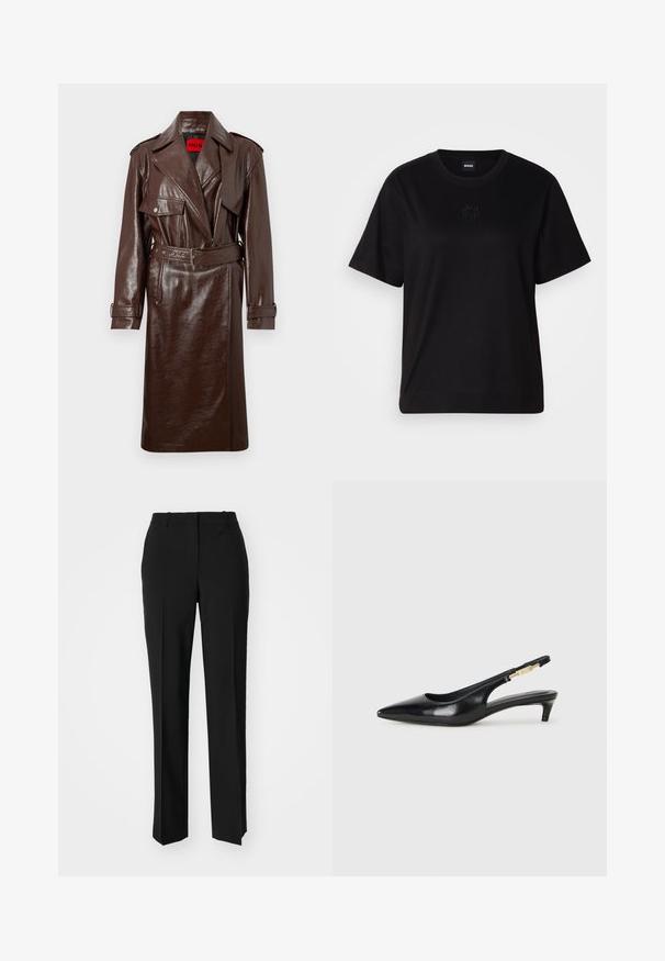 Trench coat in ecopelle marrone con vita regolabile, ampie rever e tasche frontali. Presenta una superficie lucida e testurizzata e polsini con bottone.; Maglietta in cotone nera con scollatura tonda, maniche corte e logo ricamato sul petto. Design semplice e vestibilità rilassata senza motivi.; Pantaloni neri su misura con un design a gamba dritta, caratterizzati da una texture liscia e pieghe ben definite sul davanti. Senza hardware visibile.; Tacchi slingback in pelle nera con punta affusolata, caratterizzati da un tacco alto e un accento dorato sulla cinghia regolabile. Texture liscia.