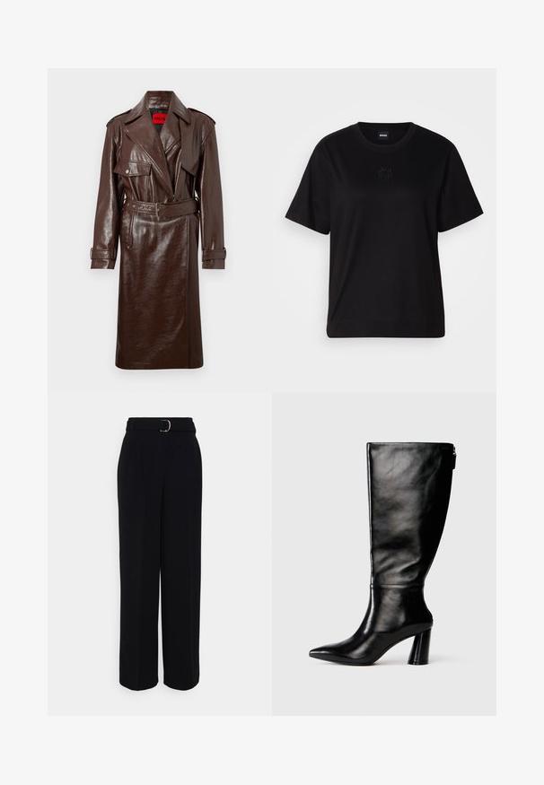 Trench coat in ecopelle marrone con vita regolabile, ampie rever e tasche frontali. Presenta una superficie lucida e testurizzata e polsini con bottone.; Maglietta in cotone nera con scollatura tonda, maniche corte e logo ricamato sul petto. Design semplice e vestibilità rilassata senza motivi.; Pantaloni neri su misura con una silhouette a gamba larga, dotati di una cintura con fibbia argentata, pieghe e una superficie di tessuto liscia.; Stivale in pelle nera, alto fino al ginocchio, con punta affusolata, superficie liscia e tacco spesso. Presenta un dettaglio con zip sul retro.