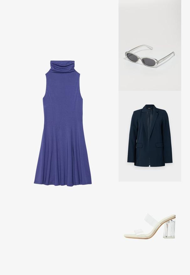 Temno modri blejzer s prilagojeno zasnovo, enojnim gumbom za zapiranje, dvema sprednjima žepoma in gladkim podlogom. Ima klasičen ovratnik s lapelom.; Suknja brez rokavov v vijolični barvi s stoječim ovratnikom, prilegajočim zgornjim delom in razširjenim krilom. Narejena iz mehke teksturirane tkanine s gladkim zaključkom.; Sandelice s prozornimi petami, ki imajo prozorne trakove, bež podplat in masiven prozoren blokasti pet. Elegantna in gladka zasnova z minimalističnim estetskim pristopom.; Sončna očala ovalne oblike, prozoren plastičen okvir, temno sivi leči in tanke prozorne roke z logotipnimi akcenti in minimalnimi detajli.