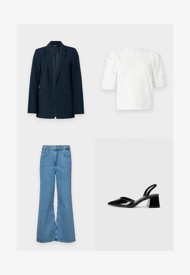 Tengerészkék zakó, testre szabott dizájnnal, egy gombos záródással, két elülső zsebbel és sima béléssel. Klasszikus hajtókás gallérral rendelkezik.; Fehér pamut póló rövid puffos ujjakkal, a ujjain kicsi ezüst díszítések találhatók. Klasszikus kerek nyakú, laza fazonú.; Világoskék, trapézszárú farmernadrág, magas derékkal, öt zsebbel és egy gombos záródással. Puha tapintású, magasított effektusú anyag.; Fekete lakk bőr szandálkés magas sarkú cipő, hegyes orral és geometrikus tömbsarkakkal. Karcsú, minimalista dizájn és sima textúra jellemzi.