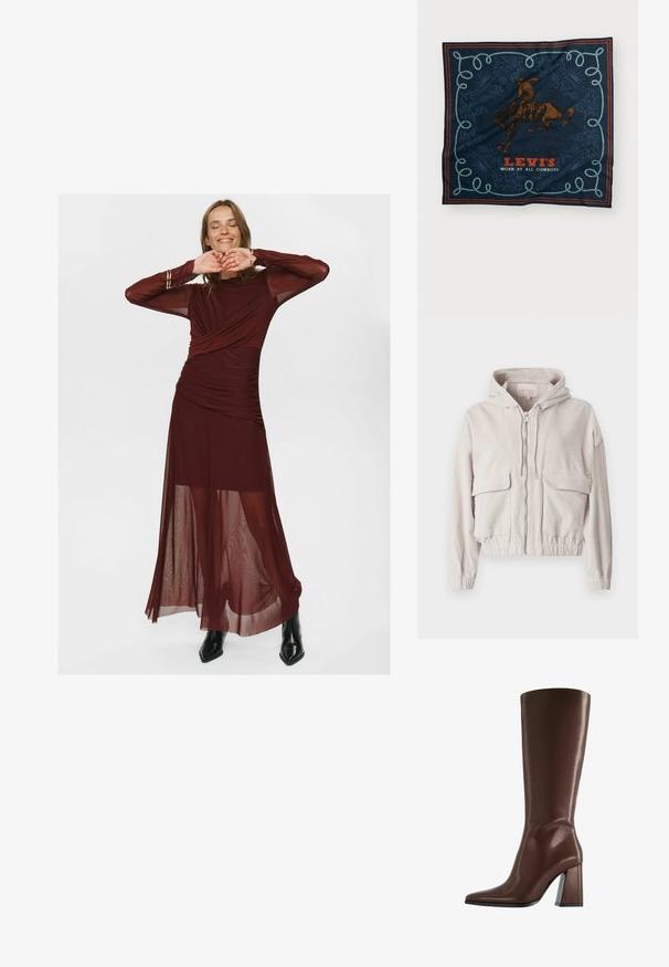 Beige corduroy jacket with a hood, front zipper, two chest pockets, and elasticized hem and cuffs. Soft texture with visible ribbed pattern.; Long burgundy dress made of sheer and smooth fabric, featuring a wrapped bodice, ruched detailing, and sheer long sleeves.; Brown knee-high leather boot with pointed toe and chunky mid-height heel shown in side profile on white background.; Navy silk scarf featuring a brown horse rider graphic, decorative blue rope pattern, and “LEVI’S WORN BY ALL COWBOYS” text in red.