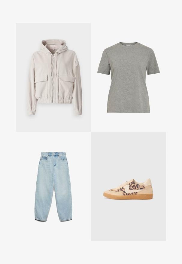 Jachetă din catifea bej cu glugă, fermoar frontal, două buzunare pe piept și tivuri și manșete elasticizate. Textură moale cu un model ribatat vizibil.; Tricou gri din bumbac, cu gât rotund clasic, mâneci scurte și textură netedă, potrivit pentru purtarea casual.; Jeans din denim de un albastru deschis, cu o croială relaxată, talie înaltă și picioare largi, având o textură ușor decolorată și un design clasic cu cinci buzunare.; Tenisi cu imprimeu de leopard, cu partea superioară din suede bej, talpă din cauciuc maro și accente albe. Vârf rotund și design cu șireturi, cu un finisaj texturat.