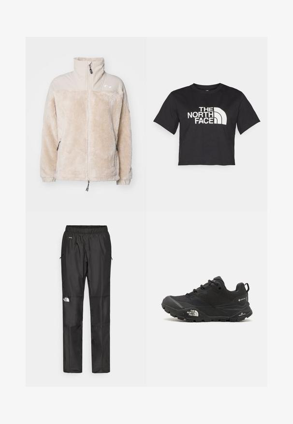 Oakley MOUNTAIN FIRE - Φλις μπουφάν - humus; Μαύρο κοντό μπλουζάκι φτιαγμένο από βαμβάκι, με λευκό λογότυπο με καμπυλωτές λεπτομέρειες και κείμενο "THE NORTH FACE" στο μπροστινό μέρος. Κοντά μανίκια, στρογγυλή λαιμόκοψη.; Μαύρο αδιάβροχο παντελόνι από ελαφρύ υλικό, με ελαστική μέση, πλαϊνές τσέπες και λογότυπο στο αριστερό πόδι.; Μαύρο ορειβατικό παπούτσι με υφή στην πάνω επιφάνεια, κούμπωμα με κορδόνια και χοντρή καουτσούκ σόλα που διαθέτει ένα προεξέχον λογότυπο στο πλάι και σχέδια στο ελαστικό.