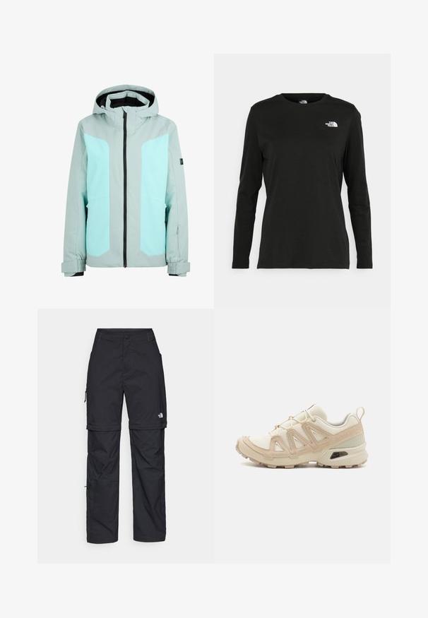 Giacca impermeabile grigia chiara con dettagli turchesi, zip frontale completa e cappuccio regolabile. Presenta polsini elasticizzati e tasche laterali.; T-shirt nera a maniche lunghe in cotone con colletto rotondo. Presenta un piccolo logo bianco sul lato sinistro del petto. Design semplice e vestibilità comoda.; Pantaloni cargo in nylon nero con zip rimovibile, polsini regolabili, molteplici tasche e un logo sulla gamba destra. Tessuto liscio e leggero.; Scarpa atletica beige e crema con tomaia in mesh testurizzato, sovrapposizioni supportive e suola in gomma con un motivo a tasselli per la trazione.