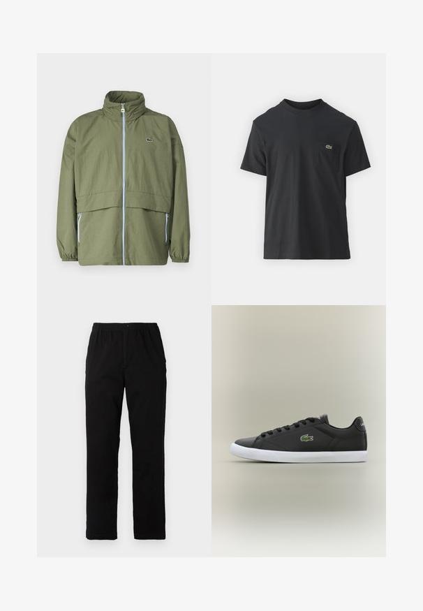 Oliivroheline jakk kõrge kraega, ees tõmblukuga, elastsete varrukatega ja kahe küljetaskuga; rinnal on väike logo.; Must musta T-särk lühikeste varrukatega, ümmarguse kaelusega ja väikese rohelise logoga vasakus rinnataskus. Lihtne disain, regulaarne lõige.; Mustad mustreid, puuvillast segakanga valmistatud mustad püksid, mis on sirge lõikega, elastse vöökoht ja nööp, ilma nähtavate mustrite või aktsentideta.; Mustad mustad nahast tennisetossud valge kummist tallaga, millel on roheline krokodillilogo ja ümmargused paelad, stiilne disain sujuva tekstuuriga.