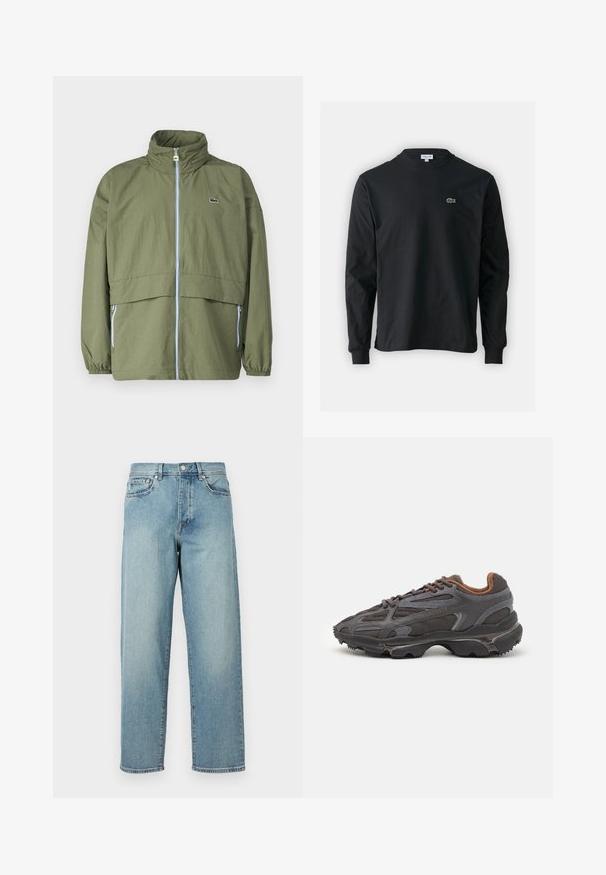 Oliivroheline jakk kõrge kraega, ees tõmblukuga, elastsete varrukatega ja kahe küljetaskuga; rinnal on väike logo.; Must musta särk pikad varrukad, valmistatud puuvillast, ümar kaelus ja vasakul rinnal väike rohelise värvi tikandiga krokodillilogoga.; Heledad sinised teksad, mis on laia lõikega, sirged jalad, viie tasku disain ja nupuga kinnitamine vööl. Minimalistlik õmbluse detail.; Tumed hallid Lacoste tossud, mis on valmistatud võrkkangast ja sünteetilisest materjalist, omavad tekstureeritud talla ning pruune aktsente kaeluse ja brändingu juures.