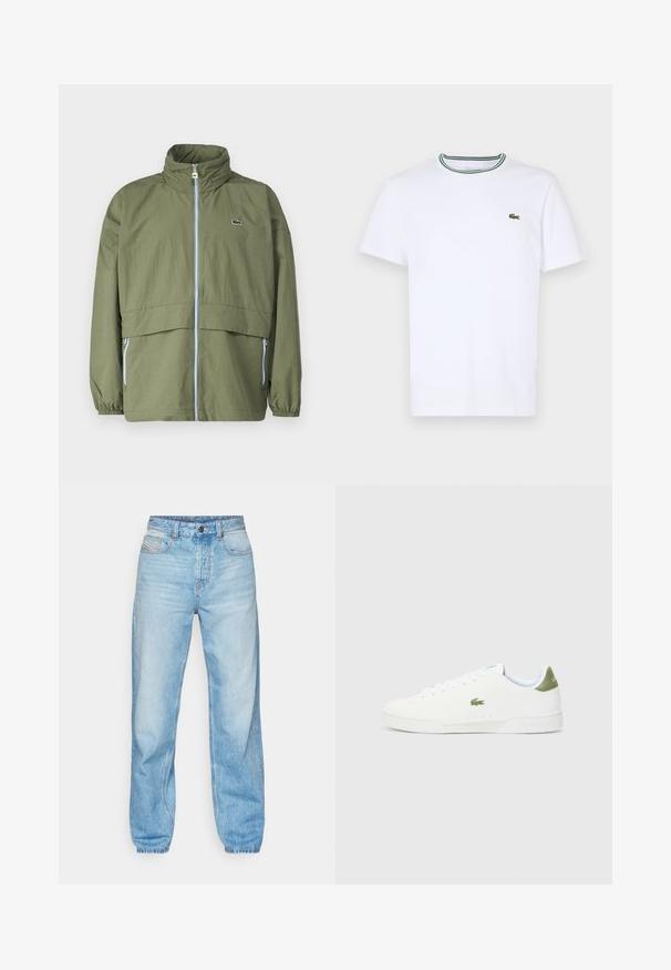 Casaco verde oliva com gola alta, fecho de correr frontal, punhos elásticos e dois bolsos laterais; apresenta um pequeno logotipo no peito.; T-shirt branco de algodão de mangas curtas com colarinho canelado, apresentando riscas verdes e pretas; pequeno logotipo verde bordado no lado esquerdo do peito.; Jeans de cor azul clara feitos de denim, com um corte reto, design de cinco bolsos e uma abertura com botão visível com costura em contraste.; Tênis brancos com uma textura suave, apresentando um detalhe verde no calcanhar e um pequeno logotipo de crocodilo bordado na lateral.