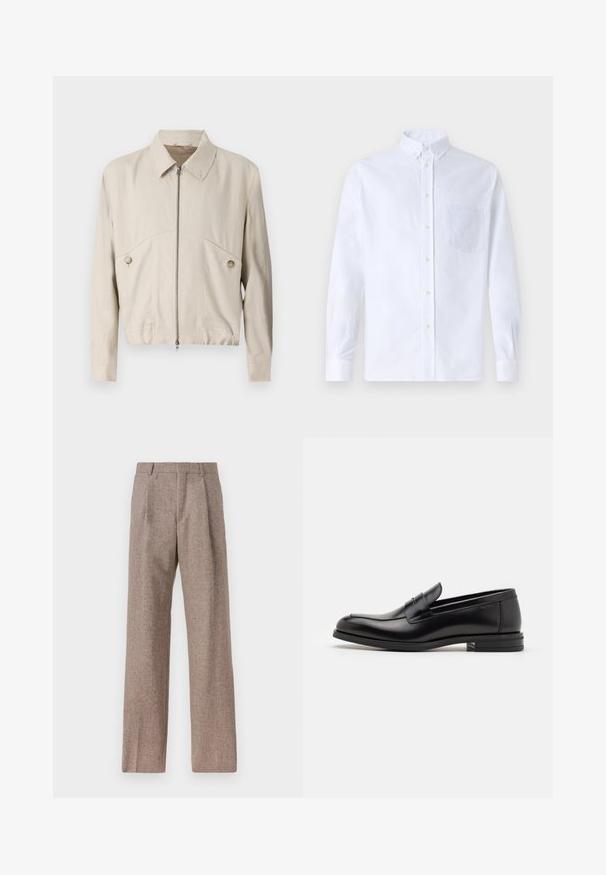 Šviesiai smėlinė zip-up striukė su apykakle, mygtukais ir sutrumpintu dizainu. Pagaminta iš lygaus audinio, su dviem priekinėmis kišenėmis.; Balta ilga rankovė mygtukų marškiniai, pagaminti iš medvilnės, su krūtine kišene ir toniniu siuvinėjimu, apykakle ir mygtukų apvadu.; Rudos, aukšto liemens kelnes, pagamintas iš tekstūruotos medžiagos. Plati kojos, dvi priekinės klostės struktūrai. Tvarkingas apdailos darbai, be matomų detalių.; Juodos odinės loafers, turinčios lygų paviršių, apvalią noselę ir dekoratyvinę juostą per priekinę dalį. Žemas krentantis kulnas, minimalistinis dizainas.