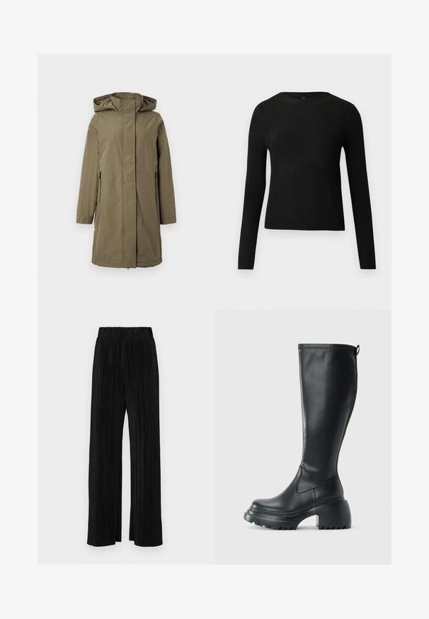 Olive zelena vodoodporna jakna s kapuco, dolgimi rokavi, sprednjim zadrgo in dvema stranskima žepoma. Ima naraven kroj in gladko teksturo.; Črna rebrasta dolgosleeve prilegnjena pulover s krožnim ovratnikom, prikazan na enostavni svetli podlagi.; Črne plisirane hlače z elastičnim pasom. Imajo široke noge in gladko, teksturirano tkanino z navpičnimi črtami.; Visoka črna usnjena škornja s debelim podplatnim solejem in blok peto, opremljena s potegom in strukturiranim profilom na podplatu.