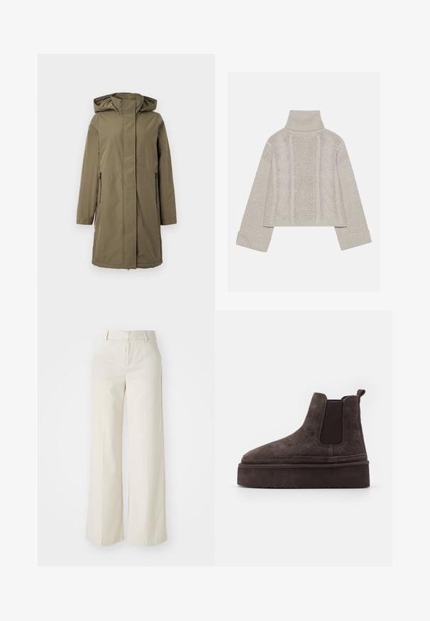 Olivengrøn vandtæt jakke med hætte, lange ærmer, lynlås foran og to sidelommer. Har en lige pasform og glat tekstur.; Afskåret, lysegrå striktrøje med højt krave og ribbede manchetter, prydet med teksturerede kabelmønstre ned ad ryggen og siderne.; Bredde ben-bukser i en lys beige farve, lavet af et glat stof. Har en klassisk talje og flad front med rene linjer.; Brune ruskinds Chelsea støvler med elastiske sidepaneler og en tyk, struktureret platåsål. Har en strop bagpå til nem påtagning.