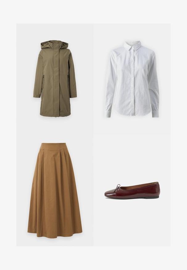 Giacca impermeabile verde oliva con cappuccio, maniche lunghe, zip frontale e due tasche laterali. Caratterizzata da una linea dritta e una texture liscia.; Camicia bianca con bottoni, realizzata in cotone liscio, dotata di un colletto classico, maniche lunghe e orlo curvo. I bottoni sono piccoli e bianchi.; Gonna A-line in cotone marrone con vita alta, caratterizzata da pince sulla parte anteriore e una texture liscia. Le finiture dell'orlo sono pulite e semplici.; Ballerine in pelle verniciata bordeaux con punta arrotondata, piccolo fiocco decorativo sulla parte anteriore e suola bassa in gomma nera. Texture liscia.