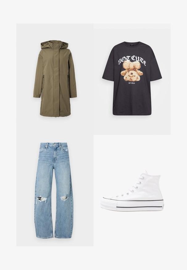 Veste imperméable olive avec capuche, manches longues, fermeture éclair sur le devant et deux poches latérales. Caractéristiques d'une coupe droite et d'une texture lisse.; T-shirt noir oversize avec un graphique d'un ours et le texte « PAS MIGNON MAIS SAUVAGE » en lettres blanches, en gras. Matériau en coton.; Jeans en denim bleu clair à taille haute. Présentent des jambes larges, deux zones déchirées aux genoux et un style classique à cinq poches.; Baskets montantes en toile blanche avec semelle en caoutchouc noir, capuchon en caoutchouc à l'avant, et six œillets pour les lacets, présentant un design épuré et minimaliste.