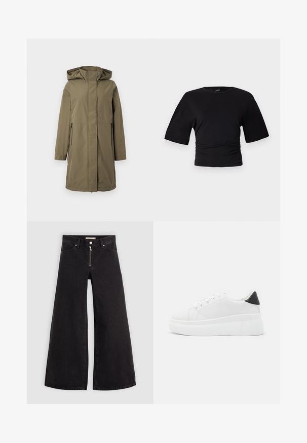 Giacca impermeabile verde oliva con cappuccio, maniche lunghe, zip frontale e due tasche laterali. Caratterizzata da una linea dritta e una texture liscia.; Gina Tricot SOFT TOUCH RUCHED TEE - T-shirt basic - black; Jeans a gamba larga in denim nero con chiusura a zip, design a cinque tasche e dettagli di cucitura sottili. Texture morbida e stile casual.; Sneakers platform bianchi realizzati in materiale sintetico liscio, con punta arrotondata, design con lacci e suola in gomma texture. Accento nero nel tallone.