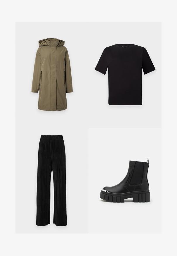 Oliivroheline veekindel jakk kapuutsiga, pikkade varrukatega, esi tõmblukuga ja kahe külgtaskuga. Omab sirget lõiget ja siledat tekstuuri.; Must olema lühikeste varrukatega must t-särk ümmarguse kaelusega, valmistatud pehmest puuvillast kangast. Lihtne disain, ilma nähtavate logode või mustriteta.; Mustad pleekitud püksid elastse vöökohtaga. Omavad laiad jalad ja sujuvat, tekstureeritud kangast vertikaalsete triipudega.; Mustad mustad kingad sileda nahaga, elastsete paneelidega, paksu platvormi tallaga ja metallist varbaga.