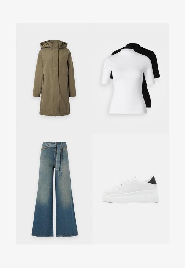 Veste imperméable olive avec capuche, manches longues, fermeture éclair sur le devant et deux poches latérales. Caractéristiques d'une coupe droite et d'une texture lisse.; Ensemble de deux hauts à col roulé ajustés en blanc et noir. Manches courtes, tissu en coton lisse et design près du corps. Sans motifs ni graphiques.; Pantalons en denim à jambe large présentant un dégradé de bleu clair à bleu foncé, taille haute, passants de ceinture et une ceinture en tissu assortie. Finition en denim texturé.; Baskets plates blanches en matériau synthétique lisse, avec un bout arrondi, un design à lacets et une semelle en caoutchouc texturé. Accent de talon noir.