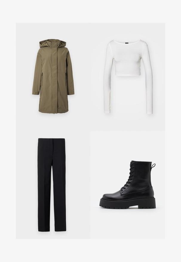 Olijfgroene waterdichte jas met een capuchon, lange mouwen, een ritssluiting aan de voorkant en twee zijzakken. Kenmerkt zich door een rechte snit en een gladde textuur.; Gina Tricot SOFT TOUCH CROPPED TOP - Longsleeve - pristine; Zwarte op maat gemaakte broeken met een rechte snit, voorzien van een gladde textuur en geen zichtbare patronen. Standaard tailleband en een nette afwerking.; Zwarte leren enkelboots met een ronde neus, vetersluiting aan de voorkant en een dikke rubberen zool met een gestructureerd profiel. Trekbandje aan de achterkant.