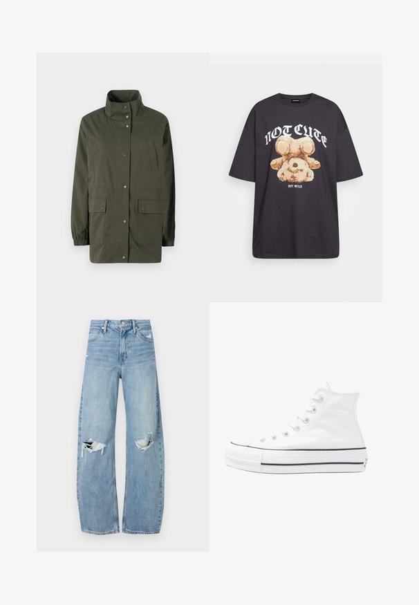 Olívazöld, könnyű dzseki magas gallérral, patentgombokkal és két elülső folttáskával. Rugalmas mandzsettákkal és egyenes szabással rendelkezik.; Fekete, oversized póló, rajta egy medvével és a "NEM CUKI, HANEM FÉKTELEN" felirattal vastag, fehér betűkkel. Pamut anyag.; Világoskék, magas derekú farmernadrág. Széles lábakkal, két szakadt térddel és klasszikus öt zsebes dizájnnal rendelkezik.; Fehér magaskorsó vászon sportcipő fekete gumi talppal, elülső gumi orrnyereggel és hat fűzőlyukkal, letisztult, minimalista dizájnnal.
