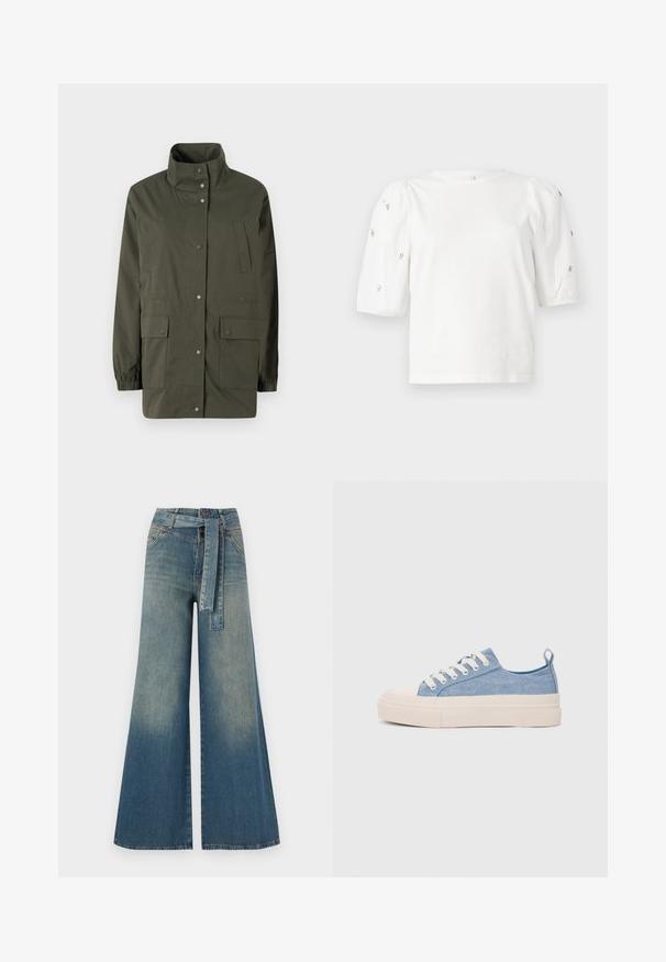 Olvadu zaļš, viegls jaka ar augstu apkakli, spiedpogu aizdari un diviem priekšējiem kabatām. Iespējams ar elastīgām piedurknēm un taisnu griezumu.; Balta kokvilnas t-kreklu ar īsām puff piedurknēm, ar nelieliem sudraba rotājumiem gar piedurknēm. Klasisks apaļš izgriezums, brīvā piegriezuma.; Platām kājām džinsu bikses ar gaismas līdz tumši zilam gradientam, augstu jostas līniju, jostas cilpām un atbilstošu auduma jostu. Tekstūrēts džinsas apdare.; Gaiši zili kanvas sneakeri ar krēmkrāsas gumijas pirksta aizsargu un ārējo zoli, aprīkoti ar baltām šņorēm un cilpu uz papēža.