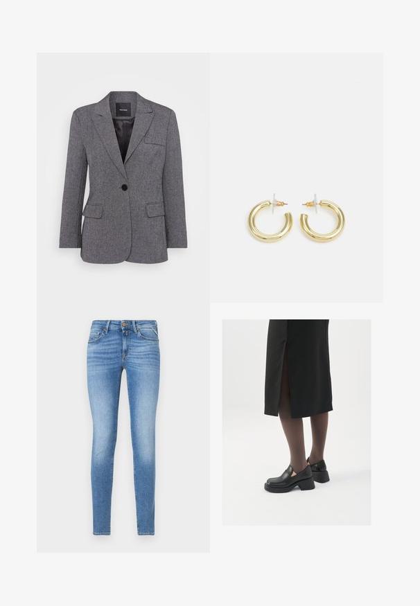 Harmaa, teksturoitu bleiseri, jossa on yksi nappikiinnitys, hammasläppäkaulus ja kaksi etutaskua. Vuorattu sisustus mustalla etiketillä.; Burgundy corduroy-paitapaita klassisella kauluksella, napit edessä ja kolmanneksen pituiset hihat; sisältää peplum-helman ja teksturoidun kankaan.; Slim-fit vaaleansiniset farkut, joissa on keski-korkea vyötärö, edessä nappikiinnitys ja viisi taskua.; Mustat nahkakengät pyöreällä kärjellä, paksulla lohkopohjalla ja joustavilla sivuakkesseilla, yhdistettynä tummiin sukkahousuihin ja mustaan hameeseen, jossa on halkio.; Kultaketjut kullasta, joissa on sileä, kiiltävä pinta. Pyöreä muotoilu, jossa on pieni tappi ja kirkas taustalevy turvalliseen käyttöön.