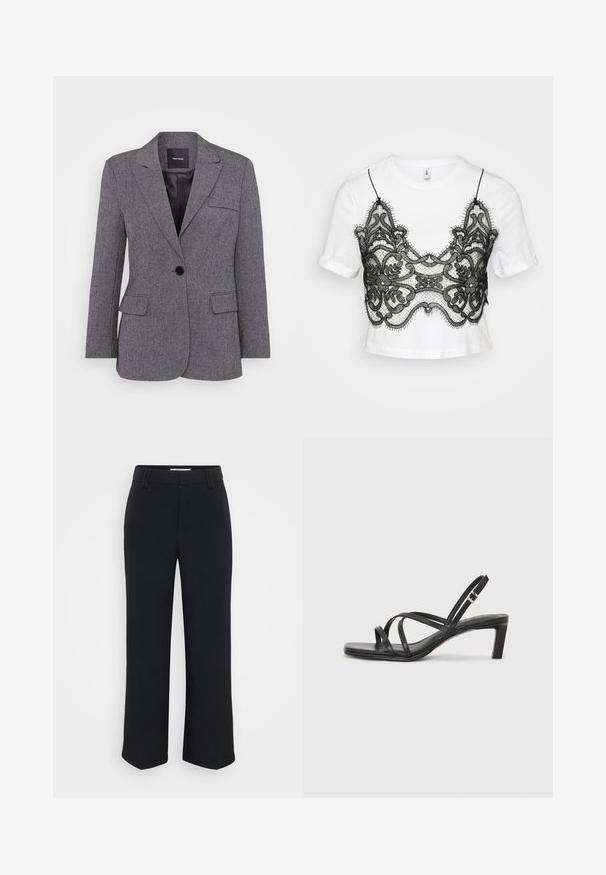 Sivkasta, teksturirana blazer jakna z enim gumbom, z navadnimi reverji in dvema sprednjima žepoma. Podloženo notranjostjo z črno etiketo.; Bela kratka majica s kratkimi rokavi, okrašena s črnim čipkastim slojem z rožnatimi vzorci in valovitimi robovi, ki ustvarja plastičen videz.; Črne široke hlače z gladko teksturo, z ravnim pasom in stranskimi žepi, zasnovane v minimalističnem slogu.; Črne natikače s trakovi in kvadratnim prstom ter nizkim blokastim peto. Imajo več tankih trakov in nastavljiv trak okoli gležnja. Narejene so iz gladkega usnja.