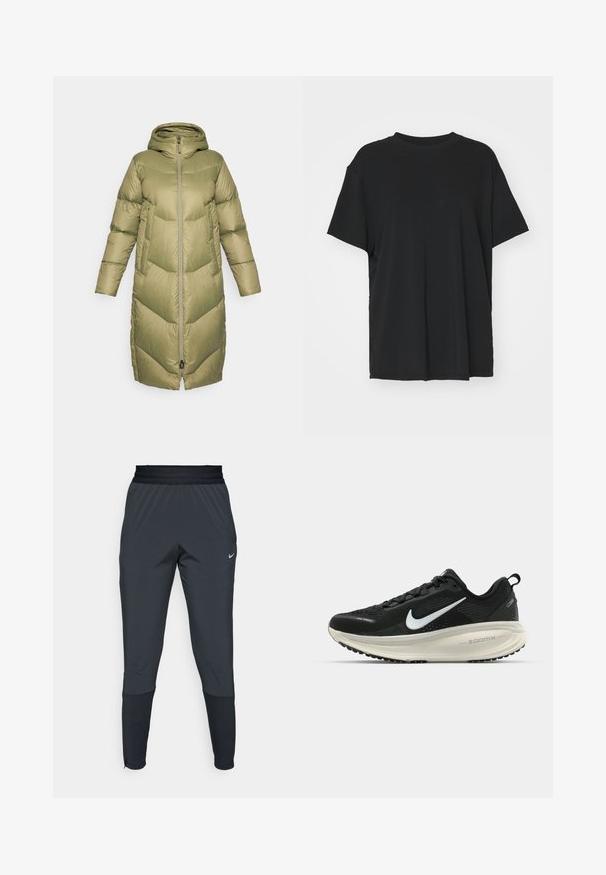 Burton LONG PARKA - Páperový kabát - forest moss; Čierne tričko s krátkym rukávom vyrobené z hladkej tkaniny, s okrúhlym výstrihom a voľným strihom. Obsahuje bočné rozparky pre väčšie pohodlie a priedušnosť.; Športové nohavice Nike v tmavo sivej farbe, s členeným strihom na nohaviciach, elastickým pásom a akcentovanými detailmi pri manžetách.; Čierne bežecké topánky Nike s priedušnou sieťovinou, bielym logom s symbolom swoosh, textúrovanými detailmi a krémovou ZoomX medzipodrážkou.