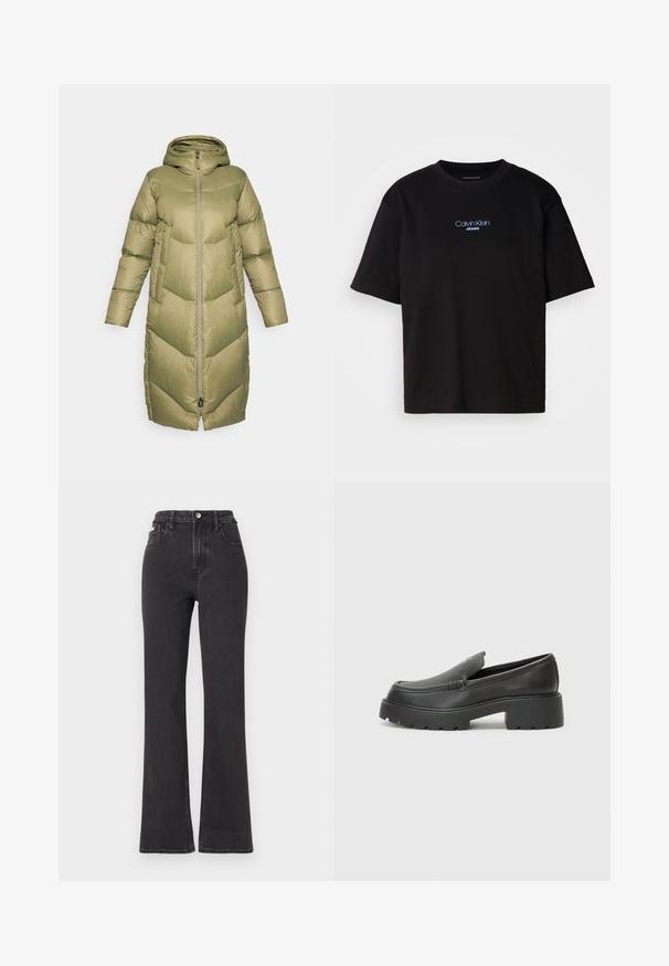 Burton LONG PARKA - Tollkabát - forest moss; Fekete pamut póló kerek nyakkal, rövid ujjú, elöl kék hímzett "Calvin Klein JEANS" logóval.; Fekete, magas derekú, trapéz fazonú farmernadrág, gombos záródással, övrésszel és oldalsó zsebekkel. Sima textúrájú, minimális kopással.; Fekete bőr loafer cipők kerek orral, vastag, texturált talppal és minimális varrási részletekkel. Áramvonalas dizájn, látható fűzők vagy fém részek nélkül.