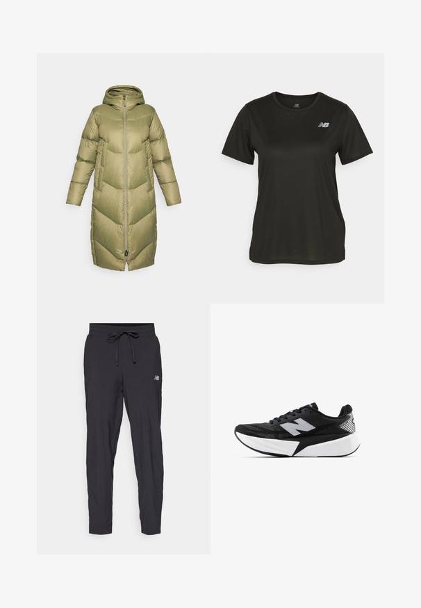 Burton LONG PARKA - Pūkinis paltas - forest moss; Juodas trumpomis rankovėmis marškinėliai, pagaminti iš lygios medžiagos, su apvaliu kaklu ir atspindinčiu baltu logotipu kairiajame krūtinės rauninyje.; Juodi sportiniai kelnaičiai, pagaminti iš lengvo audinio, su elastingu juosmeniu ir reguliuojamu raišteliu. Šone yra mažas logotipas.; Juodai balta New Balance bėgimo batai su storesne pado dalimi, tinklinė viršutinė dalis ir "N" logotipas šone, matoma iš išorinės pusės.