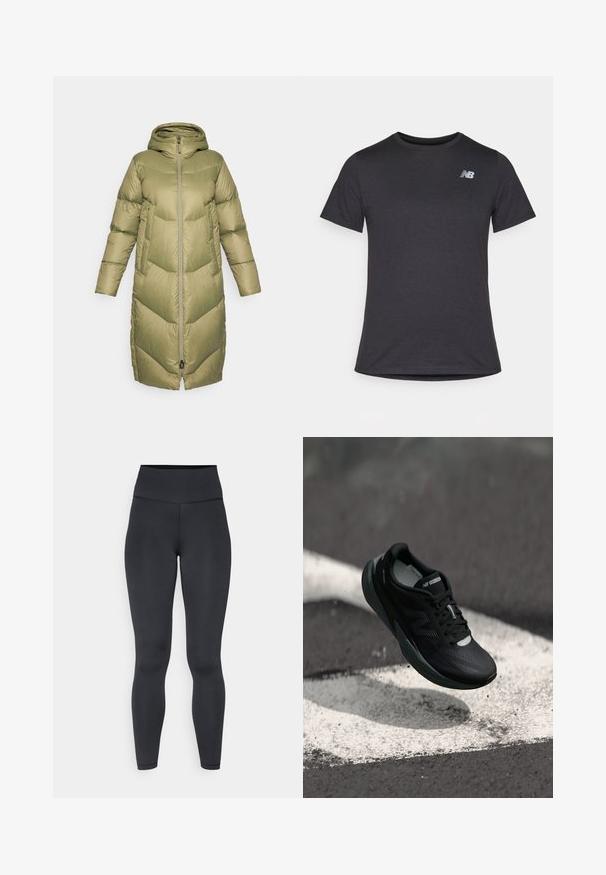 Burton LONG PARKA - Donsjas - forest moss; Zwarte korte mouwen t-shirt van zacht materiaal, met een klein grijs New Balance-logo op de bovenste linkerborst, klassieke ronde hals ontwerp.; Hogstwaist zwarte leggings gemaakt van rekbaar materiaal, met een gladde textuur en een nauwsluitend ontwerp, met minimale stikdetails.; Zwarte hardloopschoen met een gestructureerde bovenkant, slank ontwerp en reflecterende accenten. Heeft een zachte, gevoerde zool voor comfort.