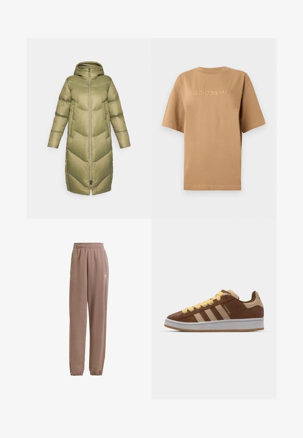 Burton LONG PARKA - Puhovka – plašč - forest moss; Rjava bombažna majica s kratkimi rokavi in okroglim izrezom. Ima izbočen logotip "adidas" in simbol trefoil v usklajeni barvi.; Rjave trenirke iz mehkega blaga, z elastiko v pasu, stranskima žepoma in elastiko na koncu hlačnic, z belim logotipom kot poudarkom.; adidas Originals CAMPUS 00S DOUBLE - Čevlji za rolkanje - preloved brown/sand strata/orange tint