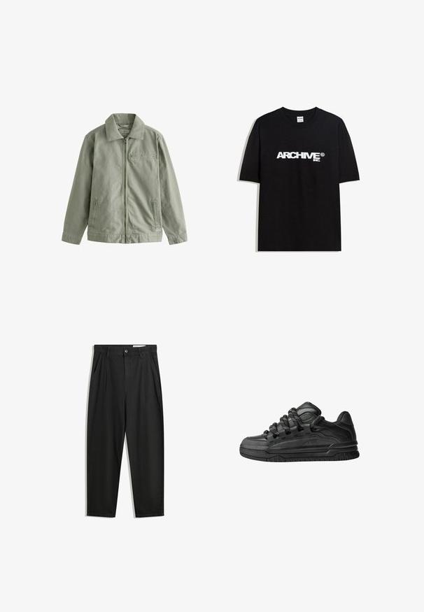 Lichtgroene jas van stevig katoenmateriaal, met een rits aan de voorkant, een puntige kraag, zijzakken en een klein borstzakje.; Zwarte katoen T-shirt met een witte "ARCHIVE inc." logo over de borst, korte mouwen en een ronde hals.; Zwarte katoenen broeken met een losse pasvorm, voorzien van een klassieke tailleband, voorplooien en zijzakken. Gladde structuur zonder patronen.; Zwarte sneakers met een glad leren bovenwerk, gearceerde accenten en ronde zwart-witte veters. Dikke rubberen zool met een geprofileerd loopvlak.