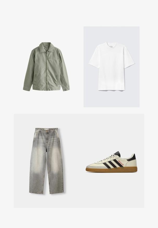 Světle zelená bunda vyrobená z odolného bavlněného materiálu, se zapínáním na zip, špičatým límcem, bočními kapsami a malou náprsní kapsou.; Plochá bílá volná trička s krátkým rukávem na světle šedém pozadí.; Jeany s širokými nohavicemi v světlém šedém odstínu. Mají opraný vzhled, pět kapes a zapínání na knoflík. Materiál je měkký denim.; Krémové a černé tenisky Adidas Spezial s gumovou podrážkou, černými proužky, červeným prošíváním a nápisem "Spezial" na boku.