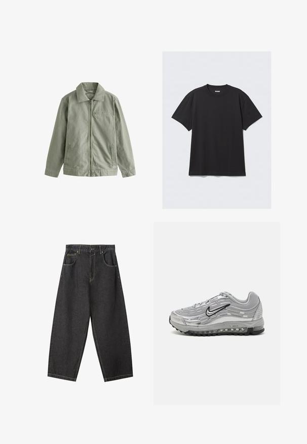 Svijetlo zelena jakna od čvrstog pamučnog materijala, s prednjim zatvaračem, šiljastim ovratnikom, bočnim džepovima i malim džepom na prsima.; Crna majica kratkih rukava od pamuka. Ima okrugli izrez i opušteni kroj. Jednostavan dizajn bez vidljivih uzoraka ili akcentskih detalja.; Crne traperice širokih nogavica s žutim šavovima, dizajnom s pet džepova i srednjim strukom. Teksturu s glatkom površinom.; Sivi Nike Air Max tenisice s mrežastim i sintetičkim gornjim dijelom, valovitom uzorkom, crnim detaljima i vidljivom zračnoj jastučiću.