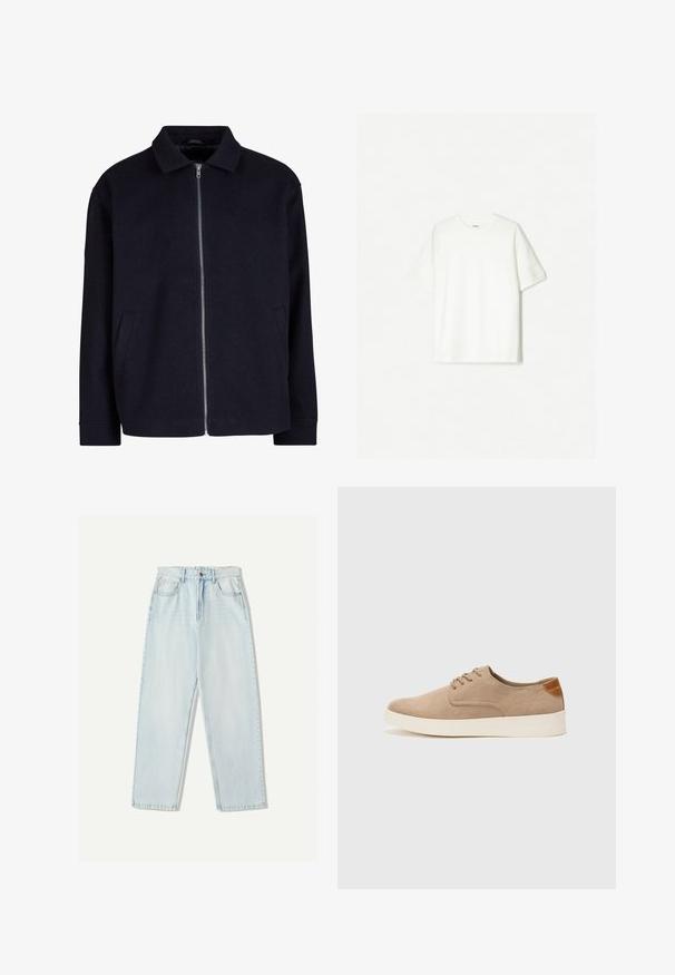 Črna jakna s ovratnikom, celotnim zadrgo spredaj in stranskimi žepi; izdelana iz teksturiranega materiala z sproščenim krojem.; Bela kratka majica s kratkimi rokavi iz mehkega bombaža. Oblečen kroj s sproščenim prileganjem in brez vidnih logotipov ali vzorcev.; Svjetloplave traperice s ležernim krojem, ravnim nogavicama, dizajnom s pet džepova i suptilnim izblijedjenjem na tkanini.; Bež tkanine usnjene superge z zaobljenim nosom, vezalkami na sprednji strani in teksturiranim zadnjim detajlom. Belo gumijasto podplato zagotavlja kontrast. Enostaven in sodoben dizajn.
