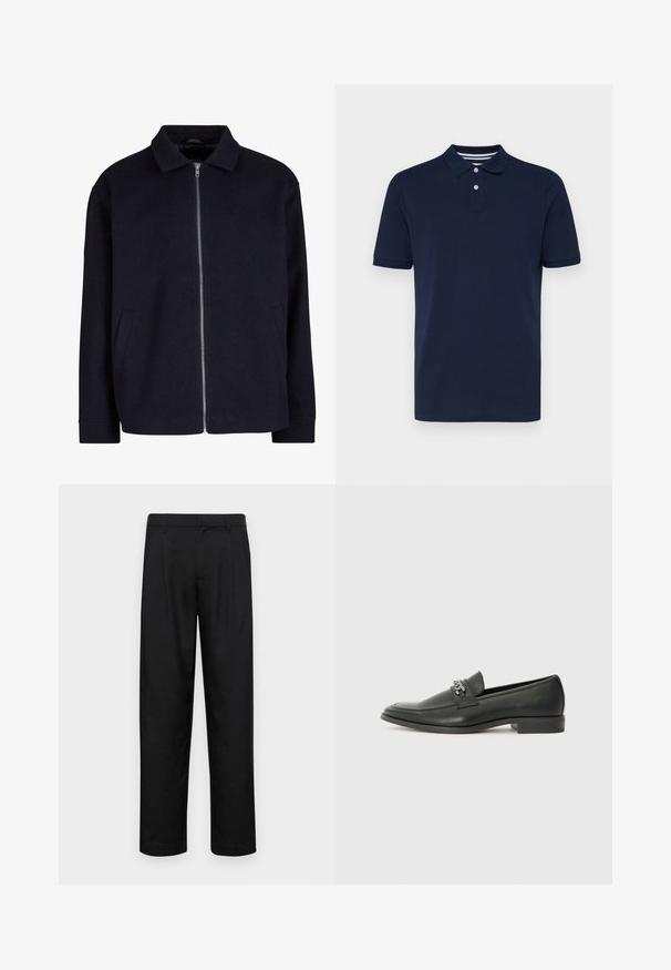 Mustan jakiga, millel on krae ja täispikk lukk ees ning küljetaskud; valmistatud tekstureeritud kangast, millel on mugav lõige.; Tumed sinise lühikese varrukaga polo särk, valmistatud puuvillast, millel on kraega kaelus kolmes nupuga ja peened horisontaalribalised kaeluses.; Mustad mustadest riietest, millel on sirge jalgade disain, kaks eesmist voltimist ja tavaline vöökoht, millel on vöökohad.; Must haveate nahkking punased, millel on sile viimistlus, tikitud muster ja dekoratiivne metallkett vampi üle. Tasane konts.